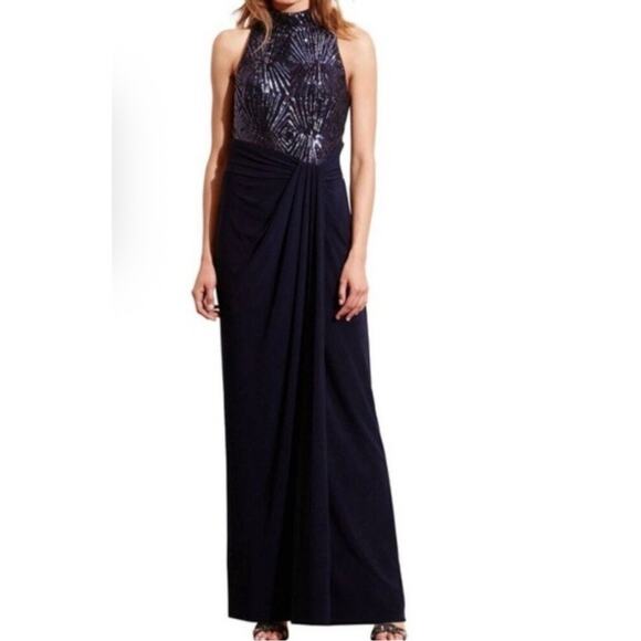 Lauren Ralph Lauren Sequin Mock Neck Evening Gown Navy Sz 12 Formal Maxi $240 - Picture 2 of 16